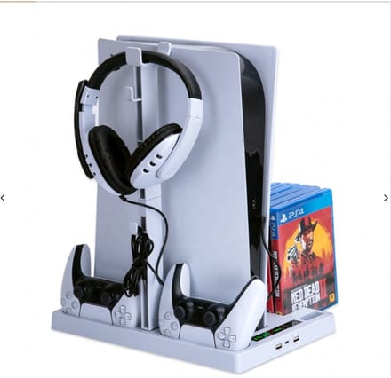 Multifunctioneel PS5 Opbergstation met Actieve Koeling – Verticale Standaard met Koelventilator, DualSense Controller Oplader, Headsethouder & Gamehouder voor 15 Discs – Geschikt voor Playstation 5 - PS5 Disc & Digital