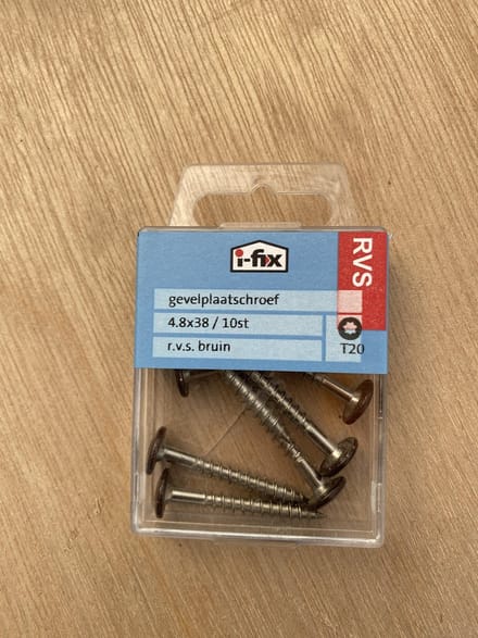 Gevelplaatschroef. 4.8x38mm. lang. RVS-A2. Bruin. Torx-T20. 10 stuks. Ifix.