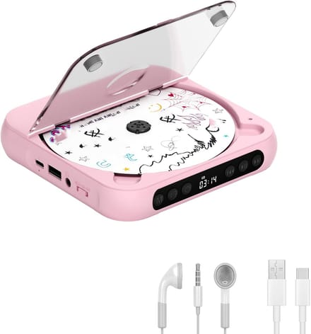 KZQ Draagbare cd-speler met Bluetooth 5.3 – roze, 2000 mAh, ondersteunt CD/USB/SD/AUX, voor thuis en reis