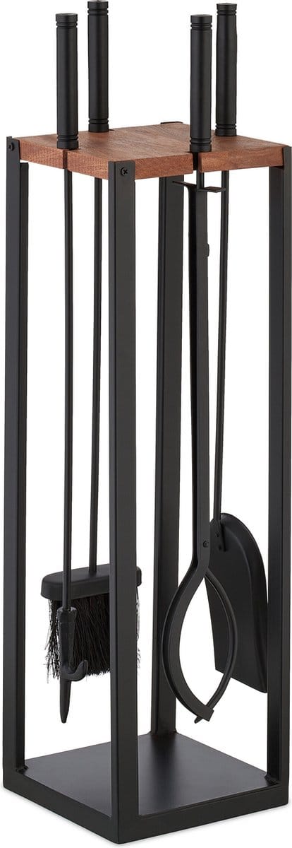 haardset - 5-delig - metaal – hout - asschep - pook - bezem - tang - haardstel