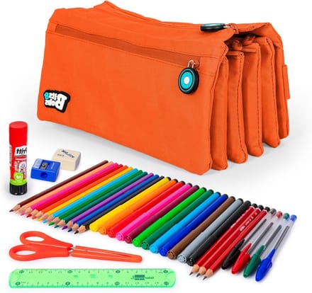 ColePack 20 - Set van Viervoudige Ritssluiting Schoolmap en Schoolbenodigdheden van Topmerken Inclusief (CP20 Koraal)