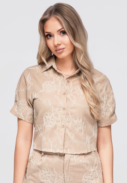 OMBRE Overhemd - Regular Fit - Katoen - Korte Mouw Beige S