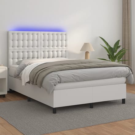 vidaXL - Boxspring - met - matras - en - LED - kunstleer - wit - 140x200 - cm
