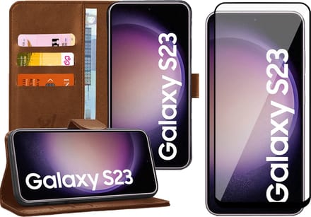 Hoesje geschikt voor Samsung Galaxy S23 - Screen Protector FullGuard - Book Case Kunstleer Pasjeshouder Bruin & Screenprotector