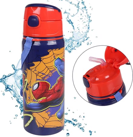 SpiderMan Aluminium Drinkfles, Donkerblauw met Band en Naamlabel 600 ml