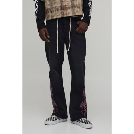 Uitlopende Jeans Met Touwriem En Versierde Print | Washed Black | Size 36
