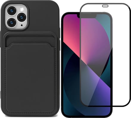 Hoesje geschikt voor iPhone 12 Pro Max Pasjeshouder Zwart - Siliconen Case Back Cover + Full Screen Protector Glas Screenprotector