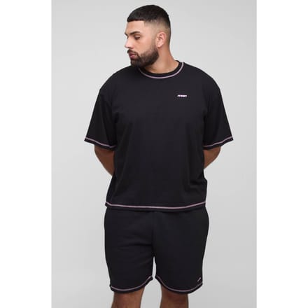 Plus Official Men's Contrast Stitch Oversized Boxy T-Shirt en Relaxed Jersey Short Set | Black | Size 2XL