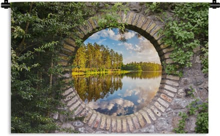 Wandkleed - Wanddoek - Bomen - Water - Doorkijk - 90x60 cm - Wandtapijt
