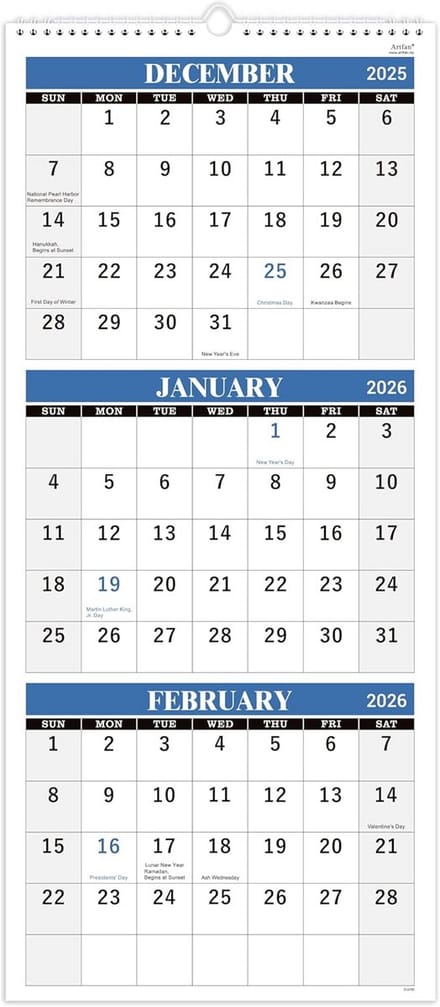 Driemaanden Kalender 2025 Wandkalender Groot Formaat Januari tot December