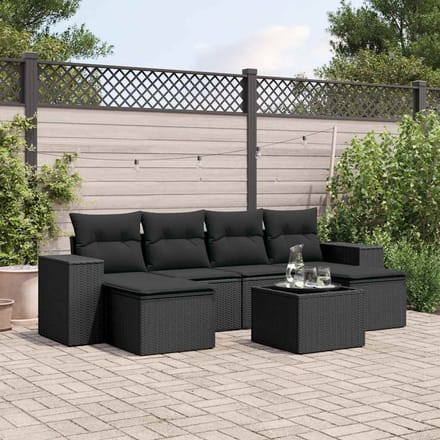 vidaXL - 7-delige - Loungeset - met - kussens - poly - rattan - zwart