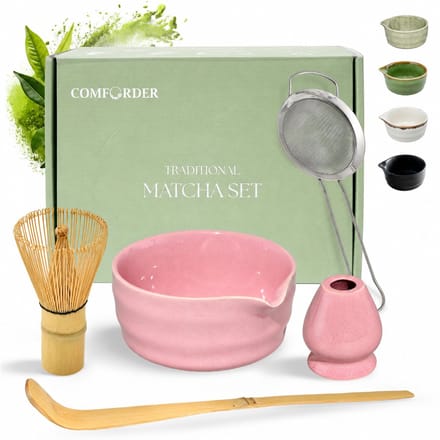 Comforder Matcha Set - 5 Delige Starterkit met Whisk Klopper en Kom - Thee Set Roze