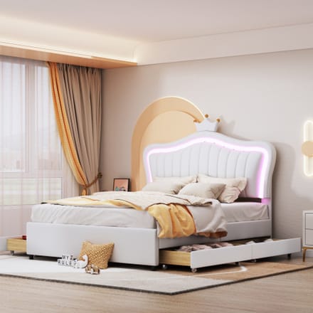 Gestoffeerd Bed 140x200 cm, Opbergbed met LED, PU-Leder, Lattenbodem & Rugleuning, Wit