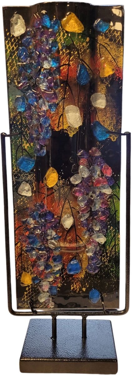 Decoratieve vaas van glas in standaard - glas en metaal- glasfusion - 8x15x41 cm multi color