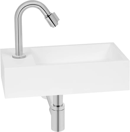 Fonteinset - Wastafelkraan set - Badkamer vernieuwen - Chromen kraan rechts - Solid surface - Mat wit