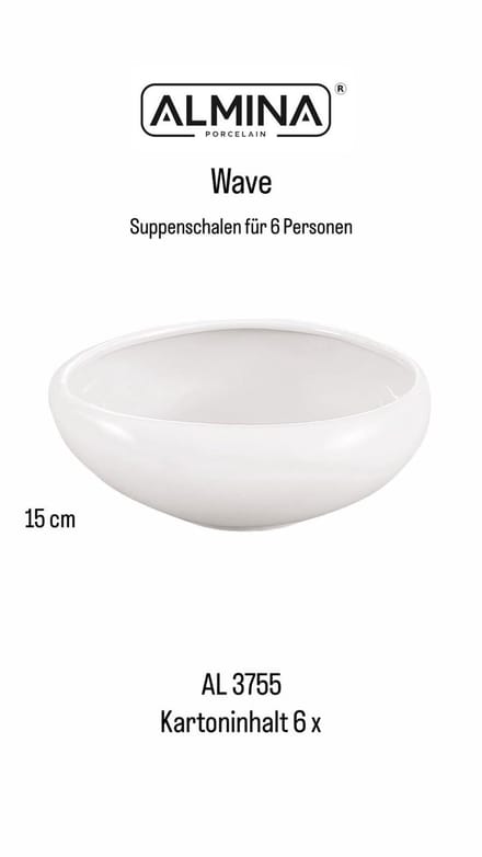 Almina Wave Soepkommen – 6 Stuks – Ø 15 cm – Porselein – Wit – Modern & Elegant Design