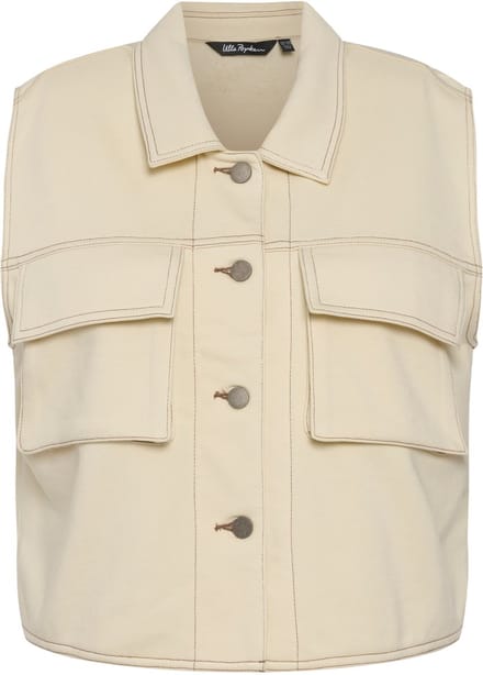 Ulla Popken - Dames - mouwloos sweatjack jeansnaden oversized overhemdkraag - Ivoor - Maat 54+