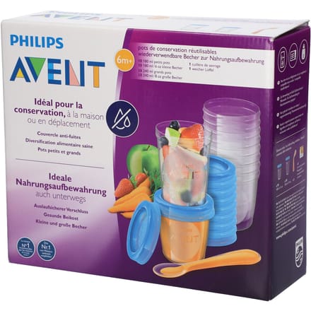 Bewaarbakjes set - PHILIPS AVENT - Puree - 10x180ml + 10x240ml + 20 deksels + Afscheidingslepel + Recepten wit