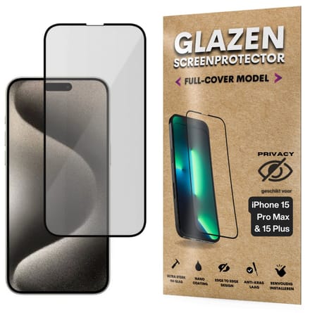 Privacy Screenprotector - Geschikt voor iPhone 15 Pro Max / 15 Plus - Gehard Glas - Full Cover Tempered Privacy Glass - Case Friendly