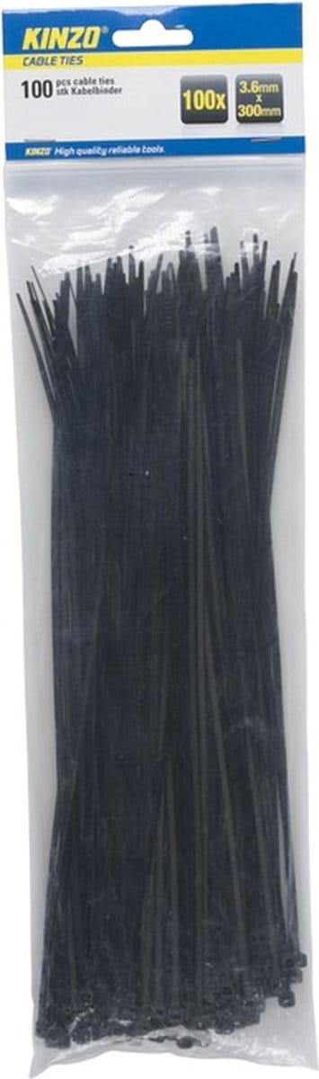 Kinzo Tiewraps - kabelbinders - 200x stuks - zwart - 30 cm