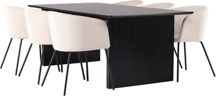 Vail eethoek tafel zwart en 6 berit stoelen beige.