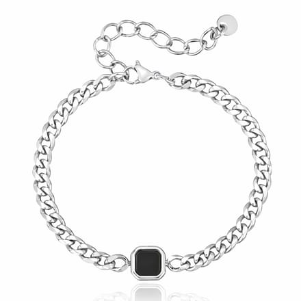 Mendes Stalen Schakelarmband Zilverkleurig Zwarte Agaat