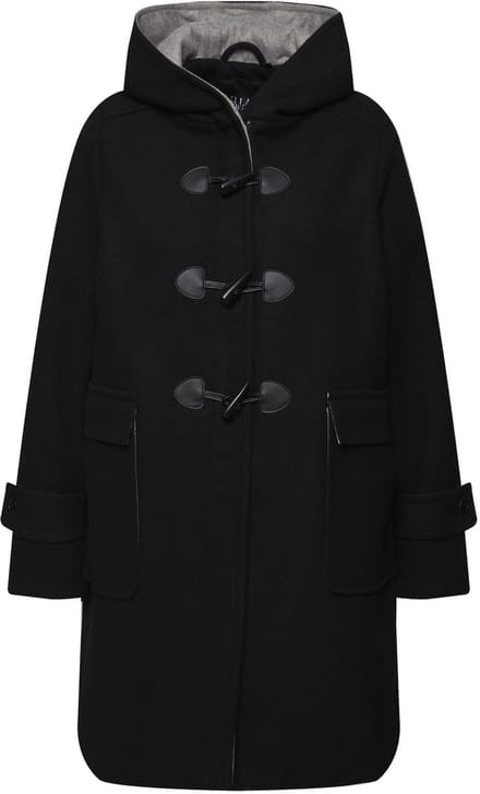 Ulla Popken - Dames - Duffelcoat A-lijn wolmix capuchon houtje-touwtjeknopen - Zwart - Maat 46+