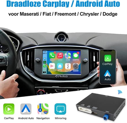 JUNSUN Draadloze CarPlay & Android Auto Geschikt voor Dodge, Chrysler, Maserati, Plug & Play, USB, WIFI, GPS Navigatie, Bluetooth en microfoon