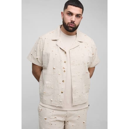 Plus Nibbled Denim Boxy Oversized Revere Shirt | Stone | Size 2XL