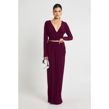 boohoo Dames Dubbellaagse Slinky Gerimpelde Voorkant Maxi Rok | Plum | Maat: 12