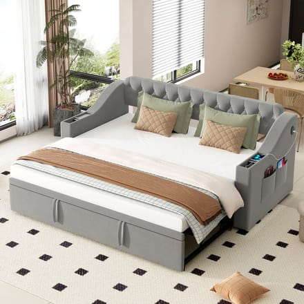REDOM Bedframe 90x190 cm – Fluweel grijs – Met opbergruimte, USB & Type-C – Slaapbank