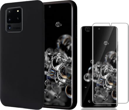 Hoesje geschikt voor Samsung S20 Ultra - Liquid Siliconen Case + Screen Protector - Zwart