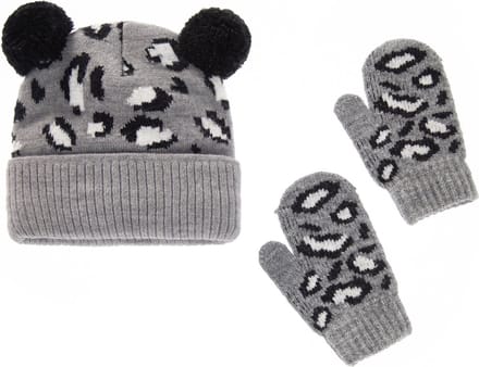 Set Meisjes Muts & Wanten – 6-24 maanden – Luipaardprint Grijs