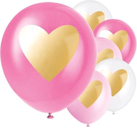 Ballonnen Gouden Hart Lichtroze Roze Wit - 6 stuks