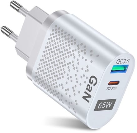 65W GaN Snellader - USB + USB-C PD33W + QC33W - Oplader - Universele Adapter Lader voor Smartphone, Tablet en Laptop - wit