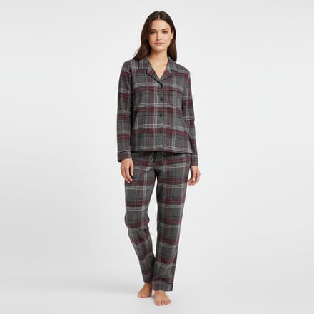 La V Flanel pyjamaset voor dames met geruit patroon Grijs-bordeaux rood L
