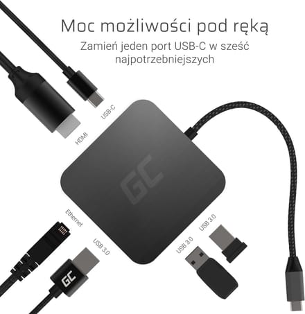 GREEN CELL Docking Station HUB USB 6in1 (USB 3.0 HDMI Ethernet USB-C) voor Apple MacBook, Dell XPS, Asus ZenBook