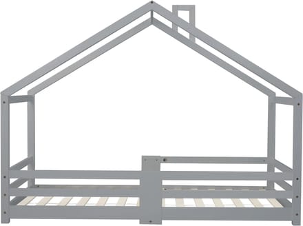 Kinderbed Huisbett met Schornstein, Grau, 90 x 200 cm zonder Matras - Robuste Lattenbodem, Rausfallschutz