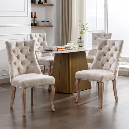 REDOM Eetkamerstoel - Hoge Rugleuning met Knopen - Landelijke Stijl - Fluweel - Lichtbeige - Set van 4
