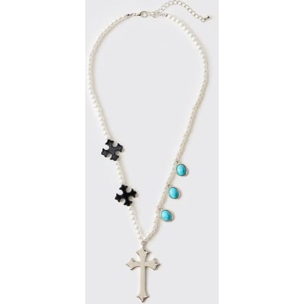 Faux Pearl Necklace with Black Cross and Teal Gemstones