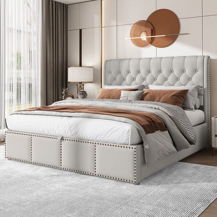 REDOM Opbergbed 140x200 cm – Linnen – Hydraulisch – Gestoffeerd hoofdbord – Grijs – 300 kg