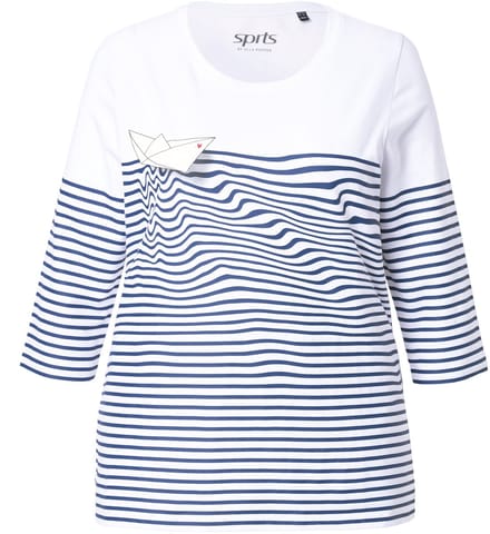 Ulla Popken - Dames - Shirt strepen papierboot boothals 3/4-mouwen - Sneeuwwit - Maat 42+