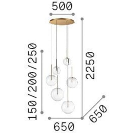 IDEAL LUX hanglamp Equinoxe, 6-lamps, messingkleurig, helder glas