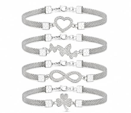 EmmyRovi Set van 4 Armbandjes Dames – Hart, Vlinder, Infinity & Klaver – Armband - Verzilverd Cadeau set