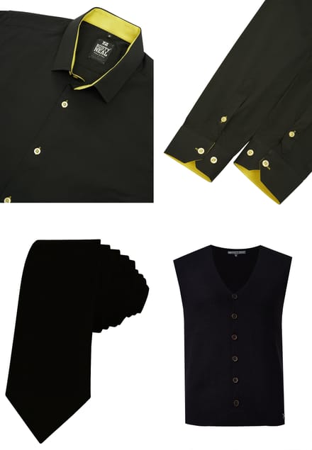 Driedelig pak met overhemd, vest en stropdas