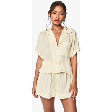 boohoo Dames Kaasdoek Boxy Overhemd en Korte Pyjama Set | Lemon | Maat: 6