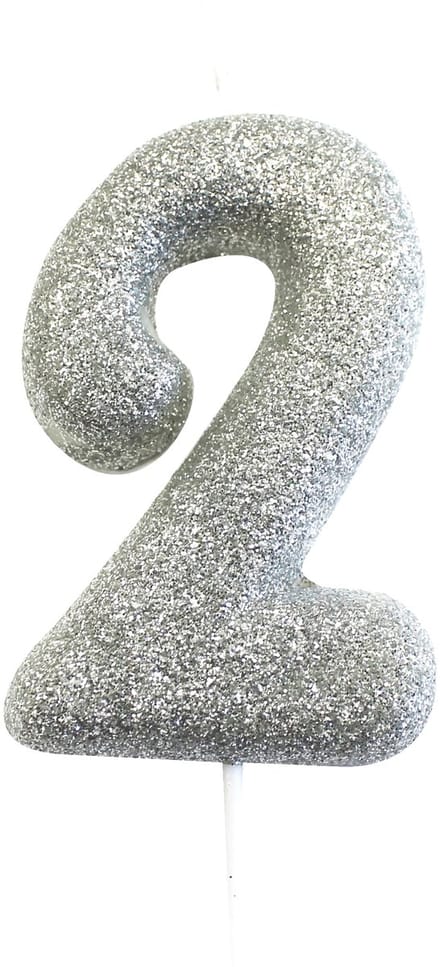 ANNIVERSARY HOUSE - Kaars op prikker cijfer 2 zilver glitter 7 cm voor taart