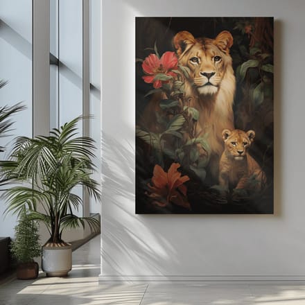Canvas Schilderij - Dieren - Wilde Dieren - Leeuwin en Haar Welp - 60x40x2 cm