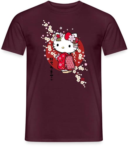 Hello Kitty In Een Rode Kimono En Kersenbloesems T-Shirt Heren