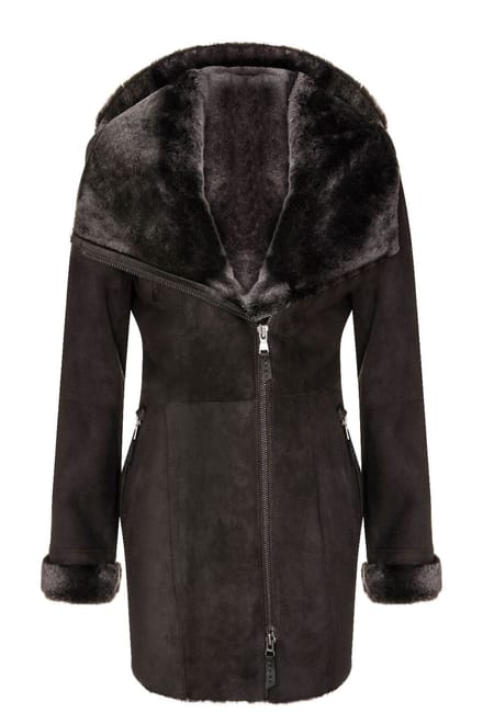 Dames merino schapenvacht jas met capuchon-antiek